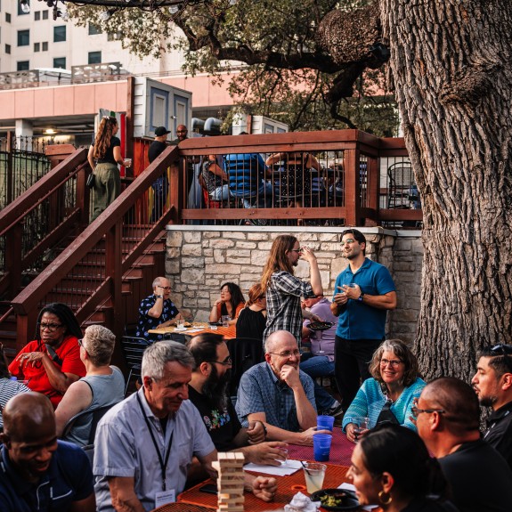 Big crowd at outdoor restaurant venue