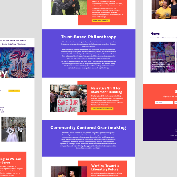 Screenshots of the Peoples Media Fund website home page, with a large mural as the hero image and the words, "Your Story is Joyous" as a headline.
