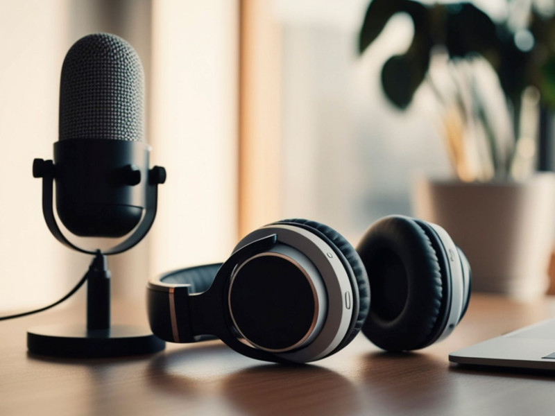 Podcast equipment, microphone, headphones, laptop