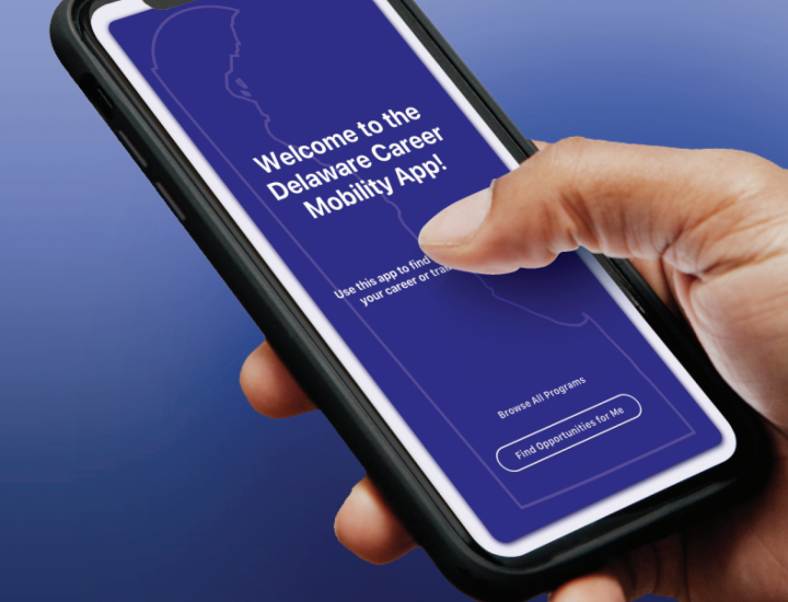 User holding a phone with Delaware Career Mobility App home screen