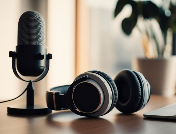 Podcast equipment, microphone, headphones, laptop